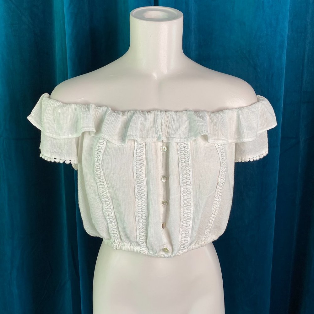 Altar'd State Cream Ruffle Button Crop Top